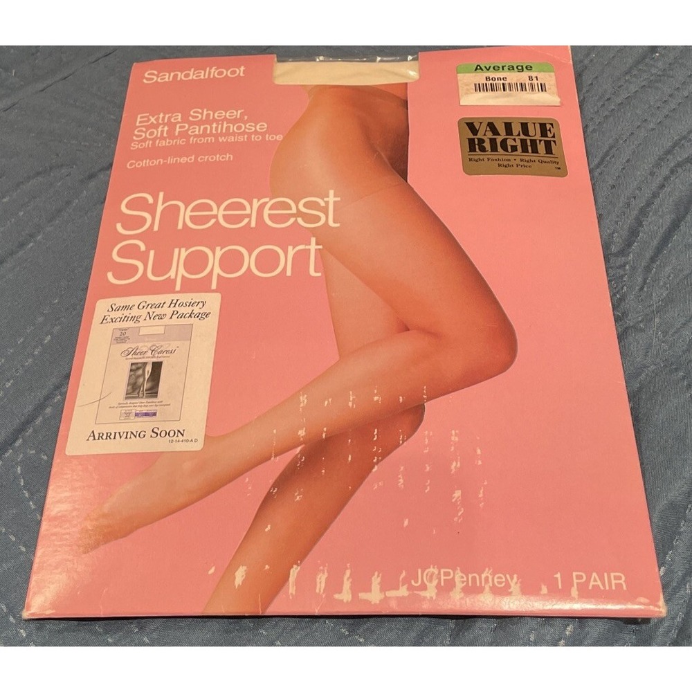 JCPenney Womensโ Average Pantihose Bone Sheerest Support Sandalfoot Vintage NEW